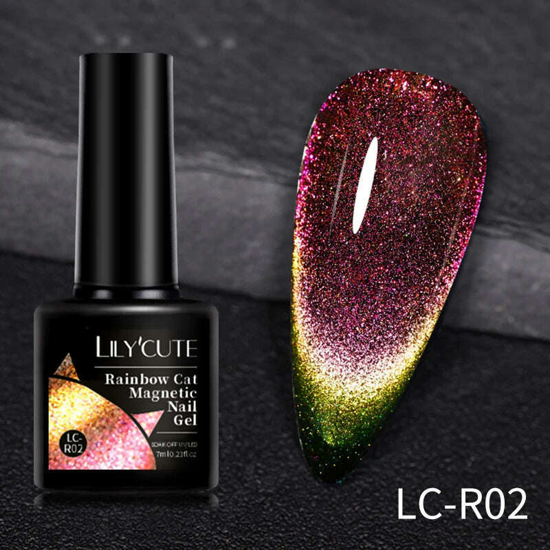 LILYCUTE 7ML Sparkling Glitter Rainbow Cat Magnetic Gel Nail Polish 9D Colorful Semi Permanent Soak Off Nail Art UV Gel Varnish - KIMLUD