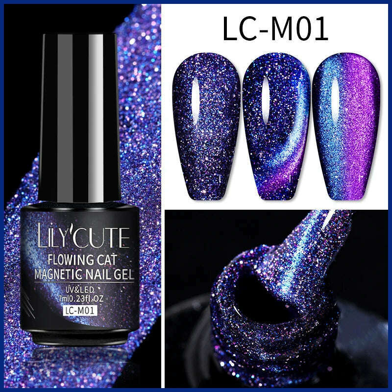LILYCUTE 7ML Sparkling Glitter Rainbow Cat Magnetic Gel Nail Polish 9D Colorful Semi Permanent Soak Off Nail Art UV Gel Varnish - KIMLUD