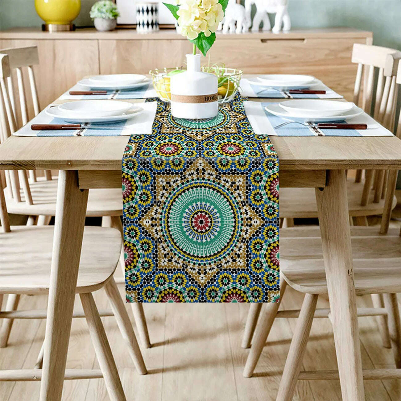 KIMLUD, Linen Burlap Table Runner Colorful Morocco Flowers Islam Arabesque Kitchen Table Runners Dinner Party Wedding Events Decor, KIMLUD Womens Clothes