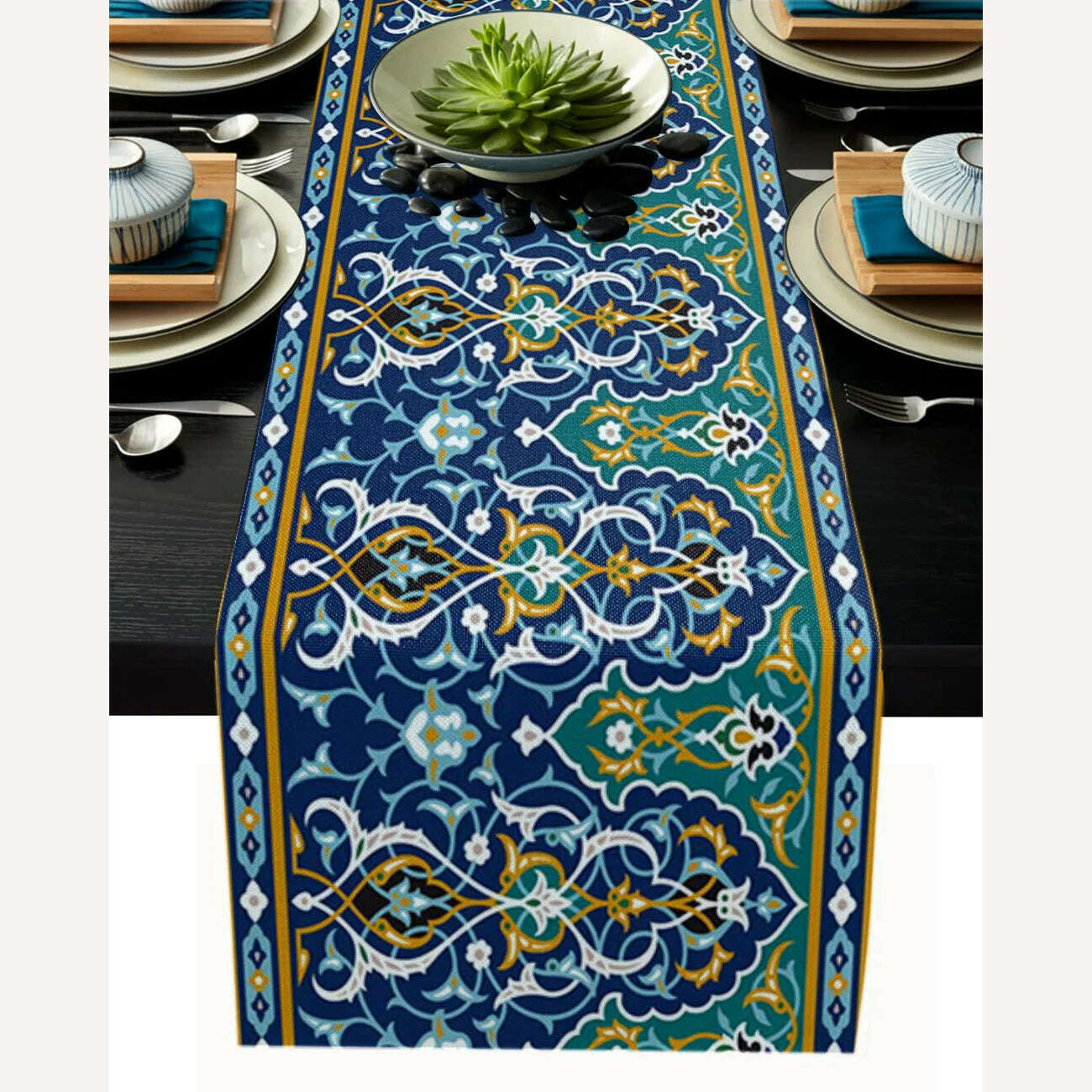 KIMLUD, Linen Burlap Table Runner Colorful Morocco Flowers Islam Arabesque Kitchen Table Runners Dinner Party Wedding Events Decor, LEX05421 / 180x33cm70x13inch, KIMLUD Womens Clothes