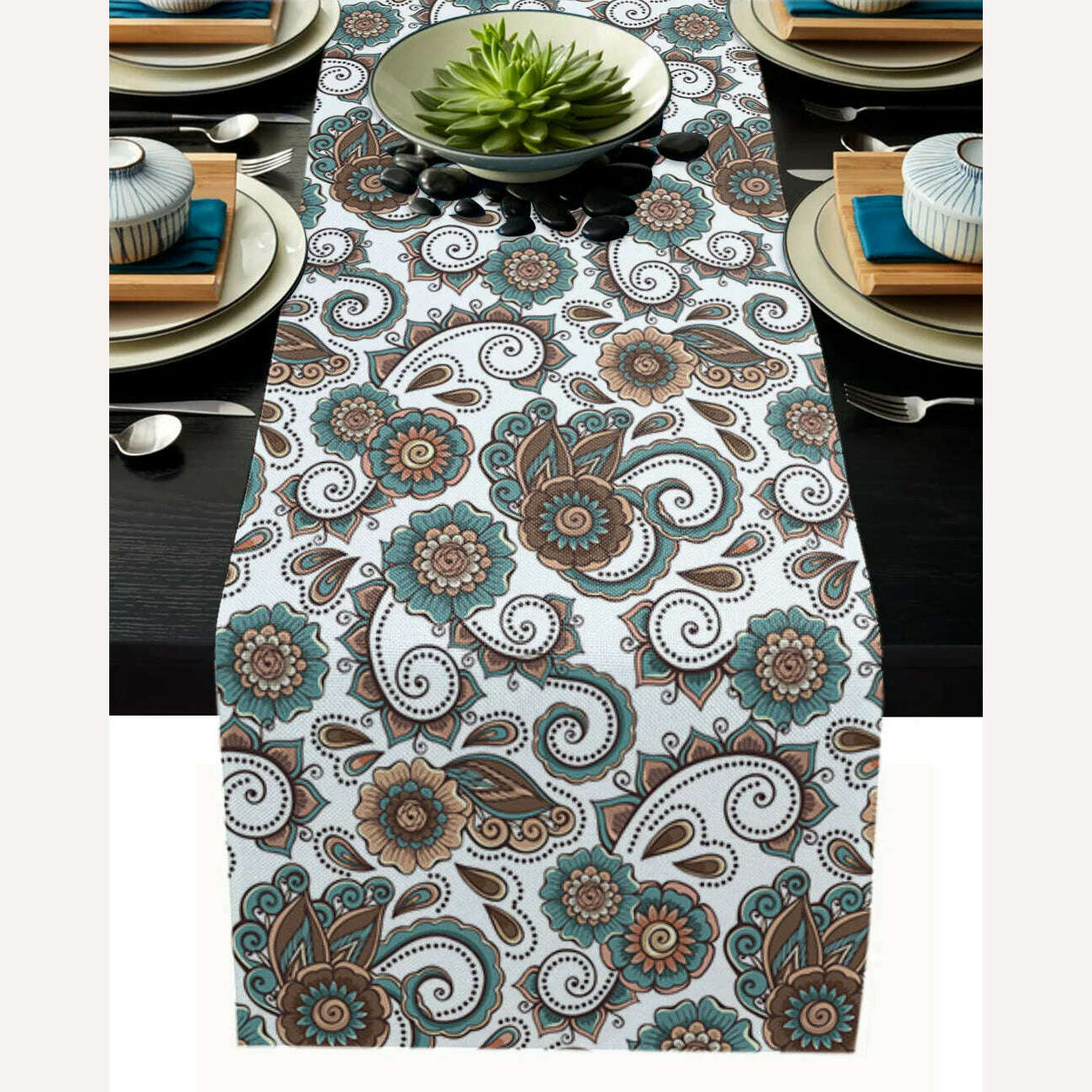 KIMLUD, Linen Burlap Table Runner Colorful Morocco Flowers Islam Arabesque Kitchen Table Runners Dinner Party Wedding Events Decor, LXM00750 / 150x33cm59x13inch, KIMLUD Womens Clothes