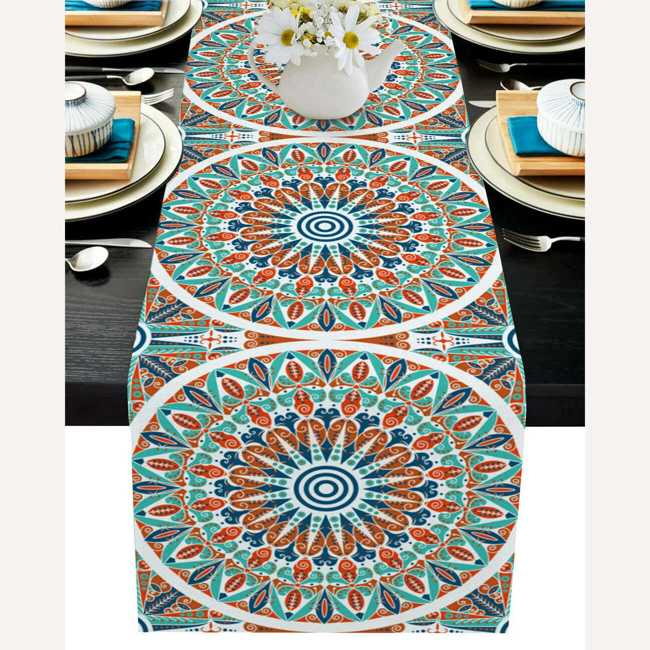 KIMLUD, Linen Burlap Table Runner Colorful Morocco Flowers Islam Arabesque Kitchen Table Runners Dinner Party Wedding Events Decor, LEX10445 / 150x33cm59x13inch, KIMLUD Womens Clothes