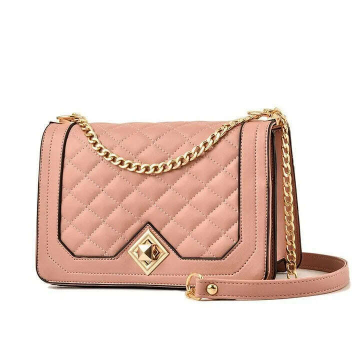 KIMLUD, Lingge Chain Bag, Pu Leather Diagonal Across The Chain Small Fragrant Wind Lingge Student Hundred With Chain Cell Phone Bag Mini, Pink, KIMLUD Women's Clothes