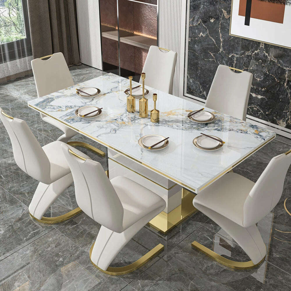 KIMLUD, Linlamlim White Paint Stainless Steel Dining Table and 6 Chairs Mesas De Comedor for Dining room Mordern Home Kitchen Furniture, KIMLUD Women's Clothes