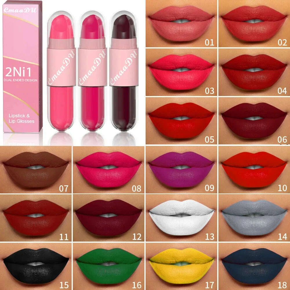 Lipstick - 2 In 1 Matte Lipstick - Double-Ended - Assorted Colors | KIMLUD