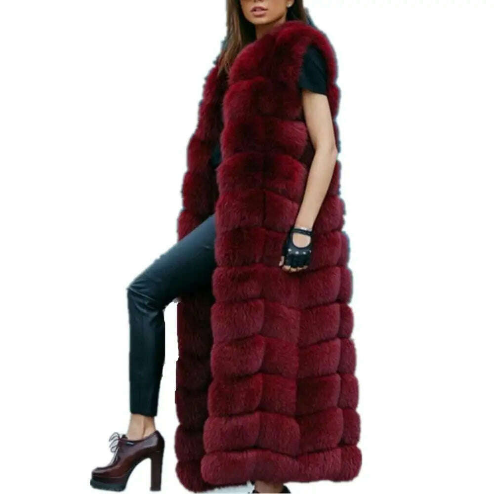 KIMLUD, Lisa Colly Fashion Winter Super Long Fur Vest  Women Luxury Faux Fox Fur Vest Furry Slim Woman Fake Fur Coat Jacket Long Outwear, Burgundy / S, KIMLUD Women's Clothes