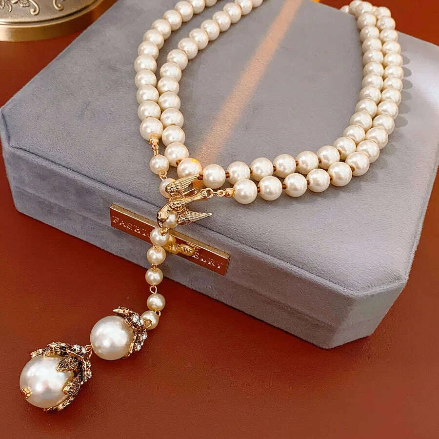 Little Bird French Imitation Pearl Pendant Necklace Flower Inlaid Rhinestone Adjustable Necklace Fashion Woman Party Jewelry N1