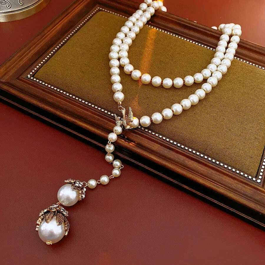 Little Bird French Imitation Pearl Pendant Necklace Flower Inlaid Rhinestone Adjustable Necklace Fashion Woman Party Jewelry N1