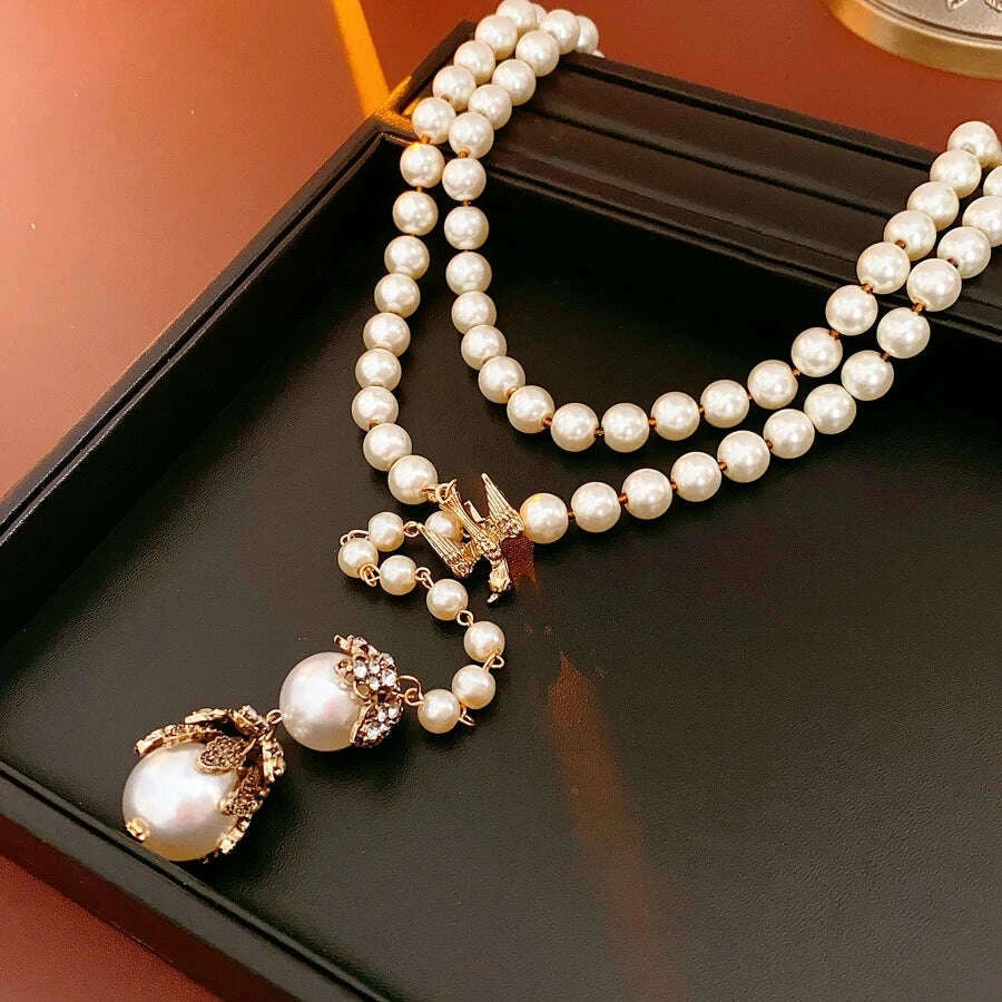 Little Bird French Imitation Pearl Pendant Necklace Flower Inlaid Rhinestone Adjustable Necklace Fashion Woman Party Jewelry N1