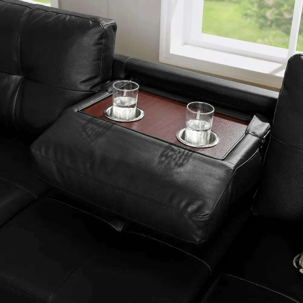 Living Room Sofa, L-Shape PU Leather Sectional Couch Set with Storage, Chaise, Ottoman, 2 Cup Holders & 2 Toss Pillow, Black - KIMLUD