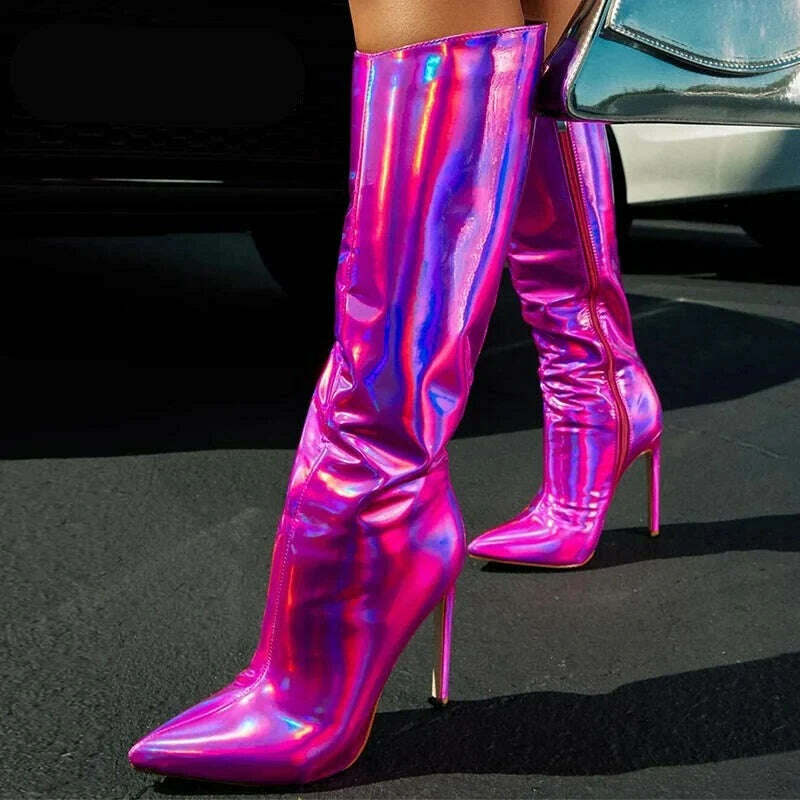 Liyke Sexy Party Nightclub Stripper Knee High Boots Female Green Smooth Patent Leather Pointed Toe Heels Women Shoes Zip Booties - KIMLUD