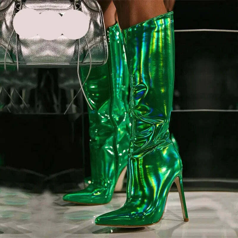 Liyke Sexy Party Nightclub Stripper Knee High Boots Female Green Smooth Patent Leather Pointed Toe Heels Women Shoes Zip Booties - KIMLUD