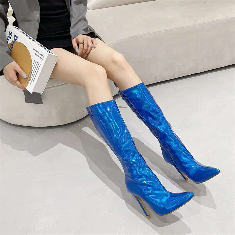 Liyke Sexy Party Nightclub Stripper Knee High Boots Female Green Smooth Patent Leather Pointed Toe Heels Women Shoes Zip Booties - KIMLUD
