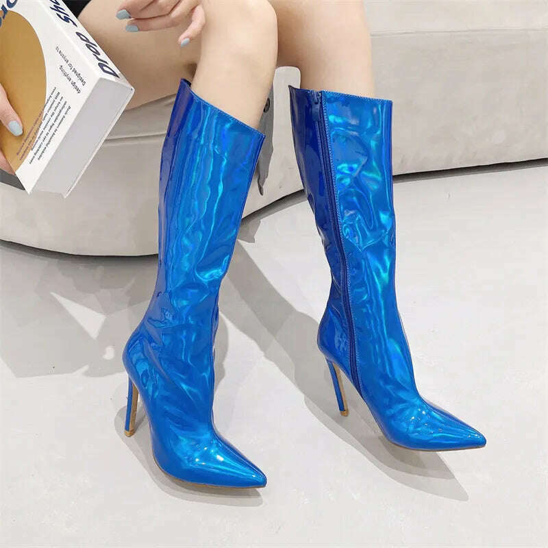 Liyke Sexy Party Nightclub Stripper Knee High Boots Female Green Smooth Patent Leather Pointed Toe Heels Women Shoes Zip Booties - KIMLUD