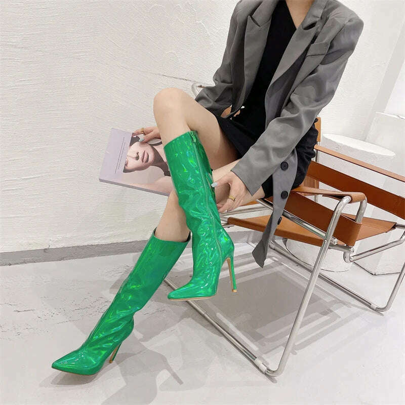 Liyke Sexy Party Nightclub Stripper Knee High Boots Female Green Smooth Patent Leather Pointed Toe Heels Women Shoes Zip Booties - KIMLUD