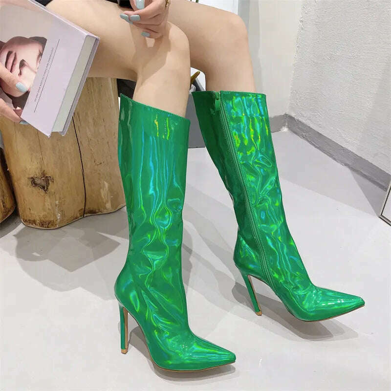 Liyke Sexy Party Nightclub Stripper Knee High Boots Female Green Smooth Patent Leather Pointed Toe Heels Women Shoes Zip Booties - KIMLUD