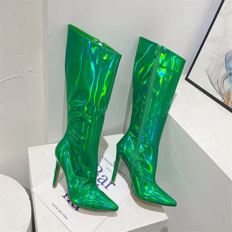 KIMLUD, Liyke Sexy Party Nightclub Stripper Knee High Boots Female Green Smooth Patent Leather Pointed Toe Heels Women Shoes Zip Booties, KIMLUD Womens Clothes