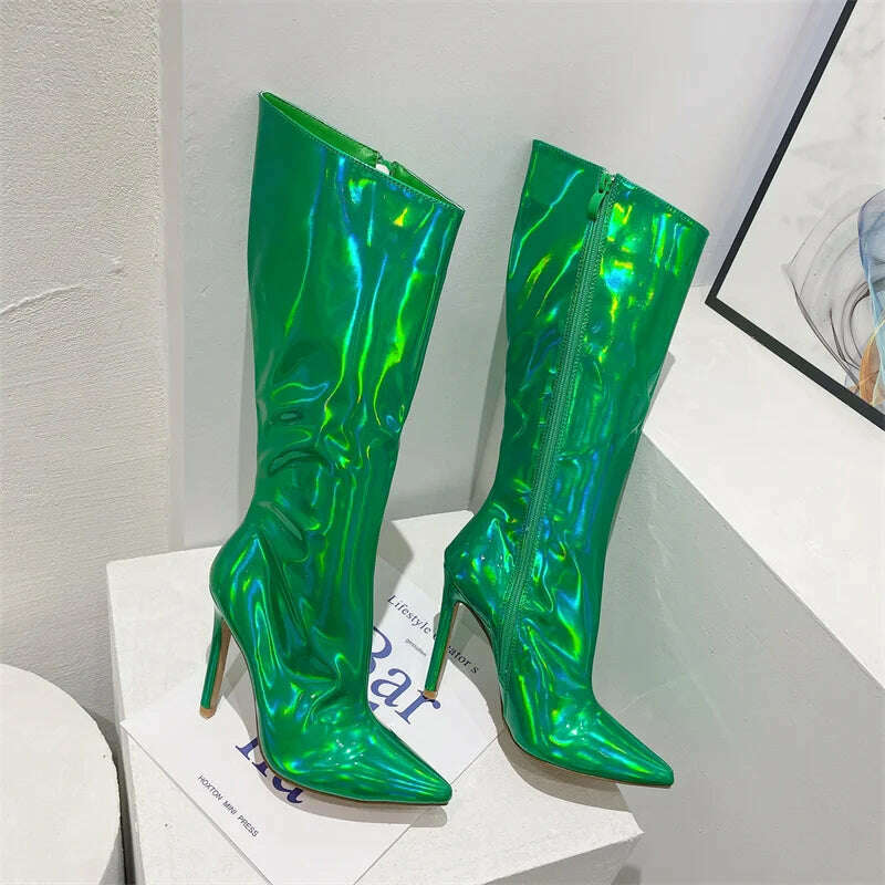 Liyke Sexy Party Nightclub Stripper Knee High Boots Female Green Smooth Patent Leather Pointed Toe Heels Women Shoes Zip Booties - KIMLUD