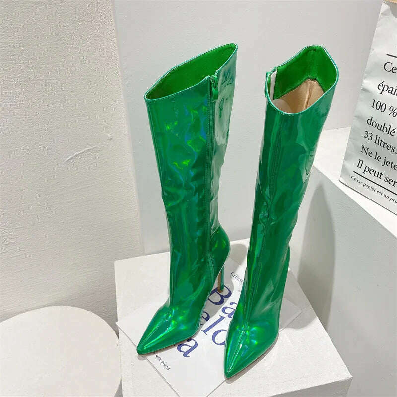Liyke Sexy Party Nightclub Stripper Knee High Boots Female Green Smooth Patent Leather Pointed Toe Heels Women Shoes Zip Booties - KIMLUD