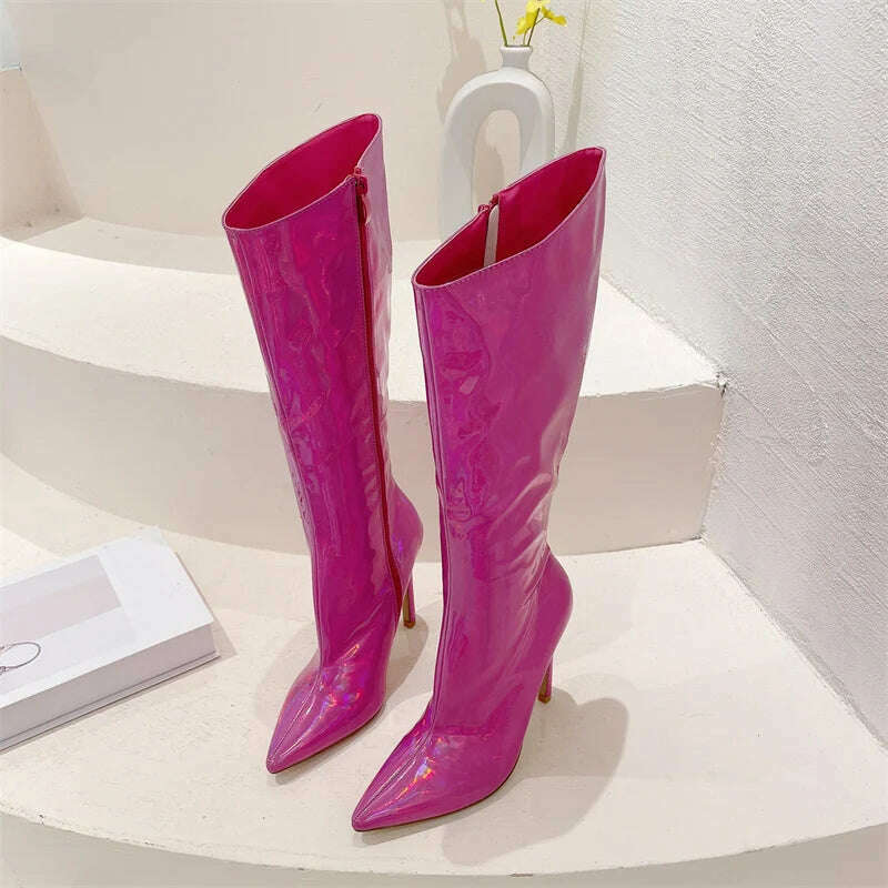 Liyke Sexy Party Nightclub Stripper Knee High Boots Female Green Smooth Patent Leather Pointed Toe Heels Women Shoes Zip Booties - KIMLUD