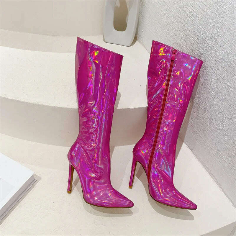Liyke Sexy Party Nightclub Stripper Knee High Boots Female Green Smooth Patent Leather Pointed Toe Heels Women Shoes Zip Booties - KIMLUD
