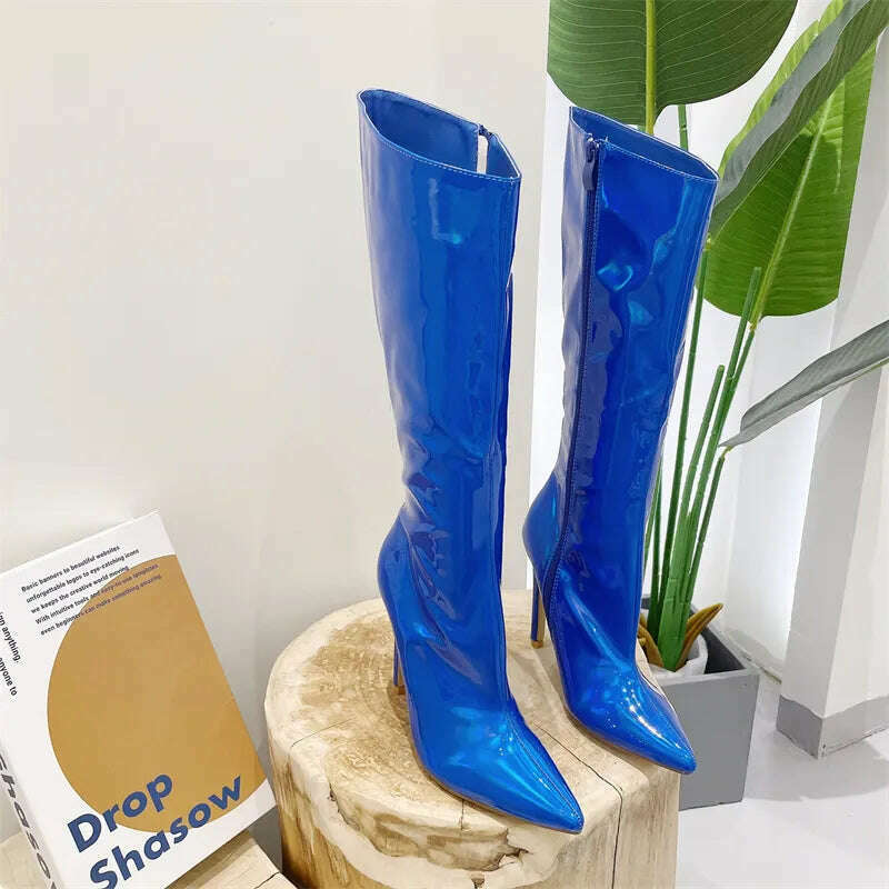 Liyke Sexy Party Nightclub Stripper Knee High Boots Female Green Smooth Patent Leather Pointed Toe Heels Women Shoes Zip Booties - KIMLUD