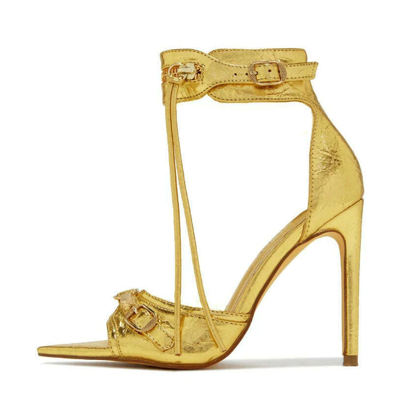 Liyke Summer Fashion Zip Tassel Women Sandals Metal Rivet Buckle Pointed Open Toe Stripper Heels Wedding Banquet Shoes Stiletto - KIMLUD