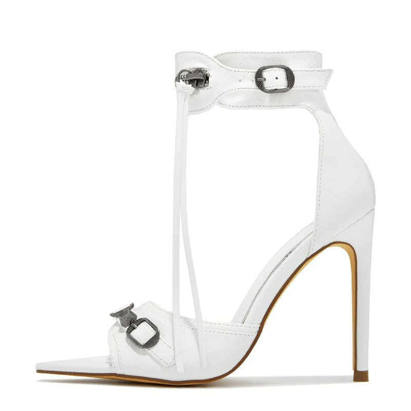 KIMLUD, Liyke Summer Fashion Zip Tassel Women Sandals Metal Rivet Buckle Pointed Open Toe Stripper Heels Wedding Banquet Shoes Stiletto, White / 37, KIMLUD Womens Clothes