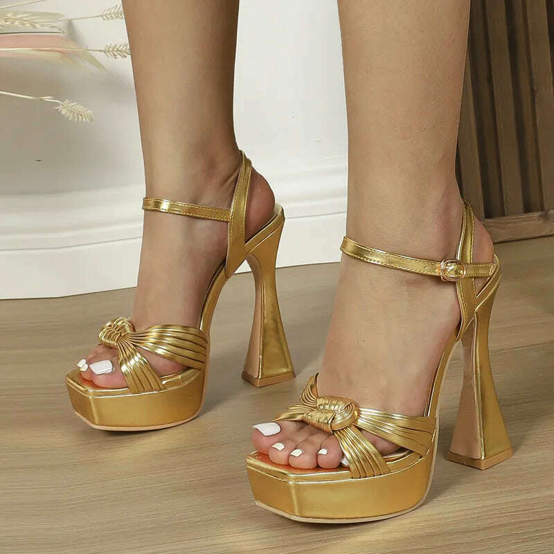 KIMLUD, Liyke Summer Strang Super High Heels Sexy Sandals Women Gold Leather Narrow Band Open Toe Chunky Platform Shoes Sandalias Mujer, Golden / 35, KIMLUD Women's Clothes