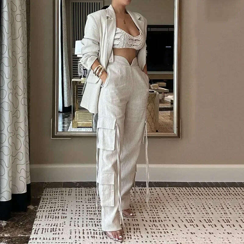 LIYONG Women Two Piece Set Autumn Fashion Solid Lapel Long Sleeves Loose Coat Top Casual With Pockets Pants Sets High Streetwear - KIMLUD