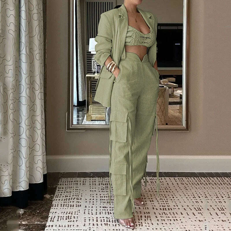 LIYONG Women Two Piece Set Autumn Fashion Solid Lapel Long Sleeves Loose Coat Top Casual With Pockets Pants Sets High Streetwear - KIMLUD