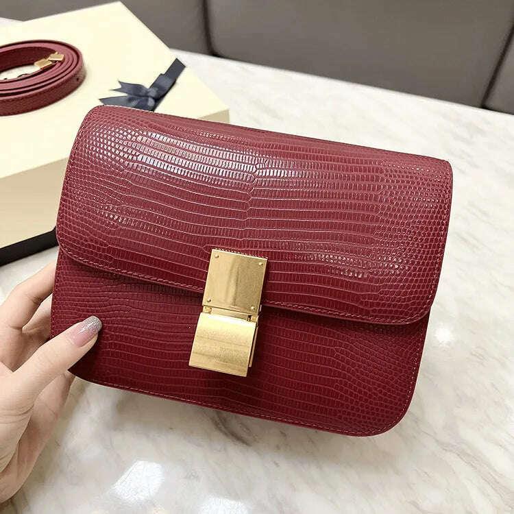 KIMLUD, Lizard Pattern Square Bag Female Flip Cover Luxury Designer Brand Handbag Geniune Leather Shoulder Crossbody Bags Messenger Bag, wine red / small, KIMLUD Womens Clothes