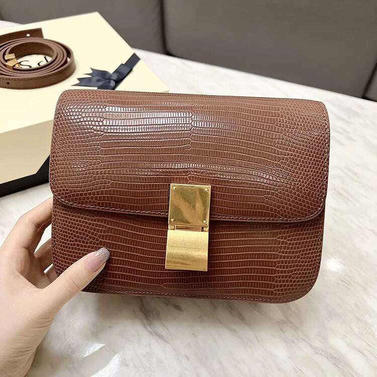 KIMLUD, Lizard Pattern Square Bag Female Flip Cover Luxury Designer Brand Handbag Geniune Leather Shoulder Crossbody Bags Messenger Bag, brown / small, KIMLUD Womens Clothes