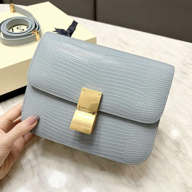 KIMLUD, Lizard Pattern Square Bag Female Flip Cover Luxury Designer Brand Handbag Geniune Leather Shoulder Crossbody Bags Messenger Bag, light fog blue / small, KIMLUD Womens Clothes