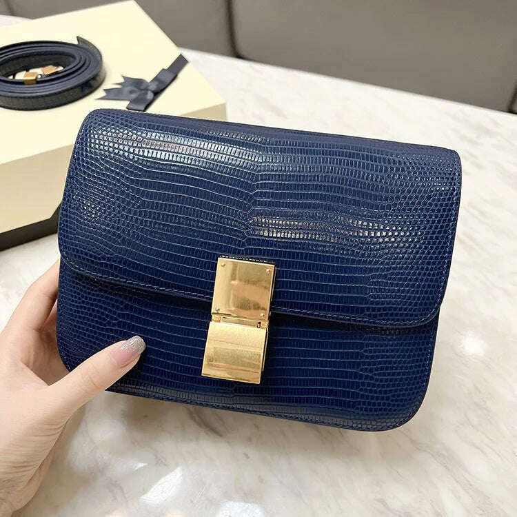 KIMLUD, Lizard Pattern Square Bag Female Flip Cover Luxury Designer Brand Handbag Geniune Leather Shoulder Crossbody Bags Messenger Bag, sapphire blue / small, KIMLUD Womens Clothes