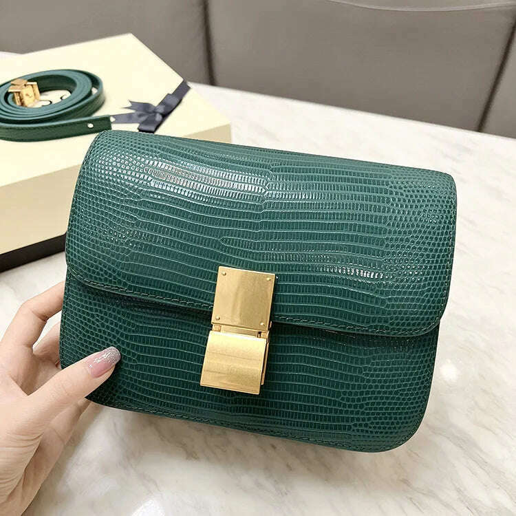 KIMLUD, Lizard Pattern Square Bag Female Flip Cover Luxury Designer Brand Handbag Geniune Leather Shoulder Crossbody Bags Messenger Bag, dark green / small, KIMLUD Womens Clothes