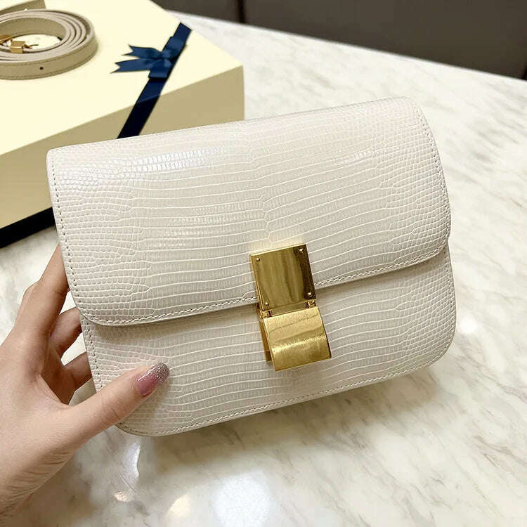 KIMLUD, Lizard Pattern Square Bag Female Flip Cover Luxury Designer Brand Handbag Geniune Leather Shoulder Crossbody Bags Messenger Bag, milk white / small, KIMLUD Womens Clothes