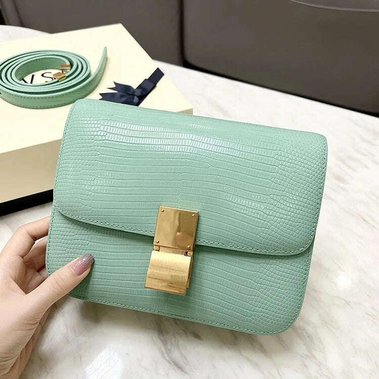 KIMLUD, Lizard Pattern Square Bag Female Flip Cover Luxury Designer Brand Handbag Geniune Leather Shoulder Crossbody Bags Messenger Bag, lt green / small, KIMLUD Womens Clothes