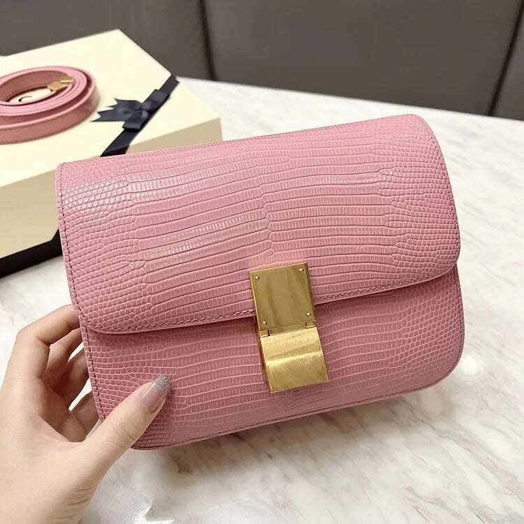 KIMLUD, Lizard Pattern Square Bag Female Flip Cover Luxury Designer Brand Handbag Geniune Leather Shoulder Crossbody Bags Messenger Bag, pink / small, KIMLUD Womens Clothes