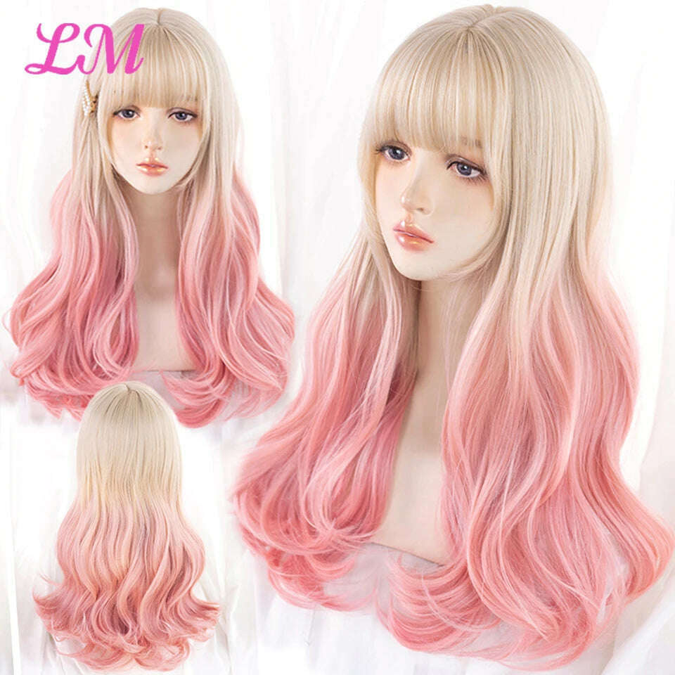 KIMLUD, LM Long Natural Wavy Platinum Blonde Pink Wigs with Bangs Cosplay Party Lolita Synthetic Wigs for Women Heat Resistant Fiber, KIMLUD Womens Clothes