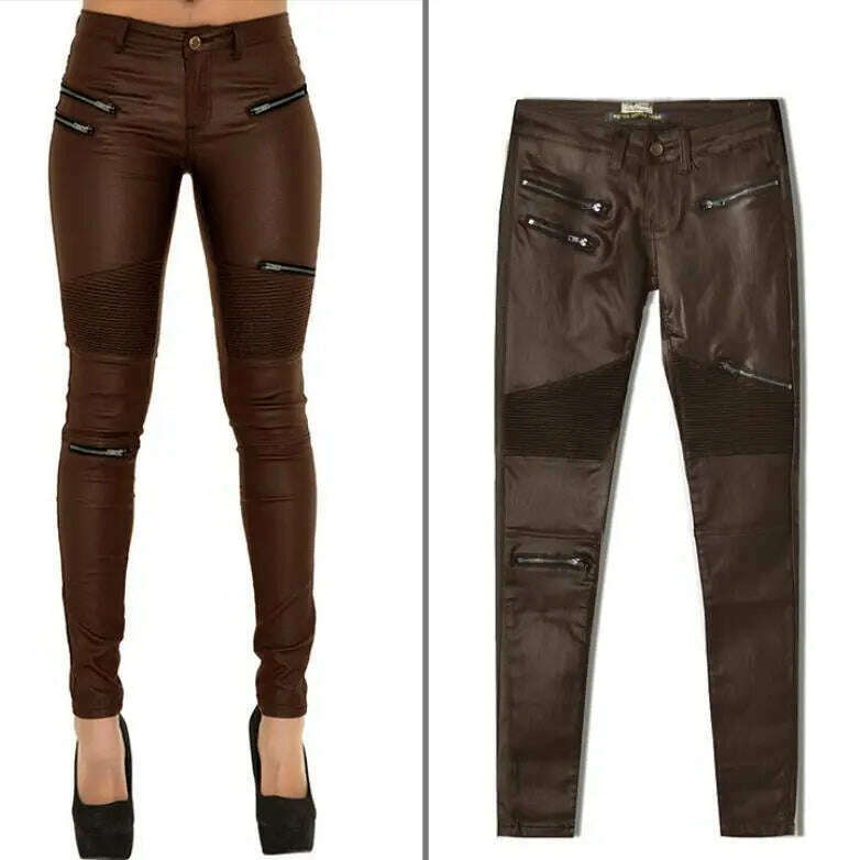 KIMLUD, LOGAMI Faux Leather Pants Women Elastic Zipper Leather Pants Trousers 2018 Leren Broeken, Brown 1 / XS, KIMLUD Womens Clothes
