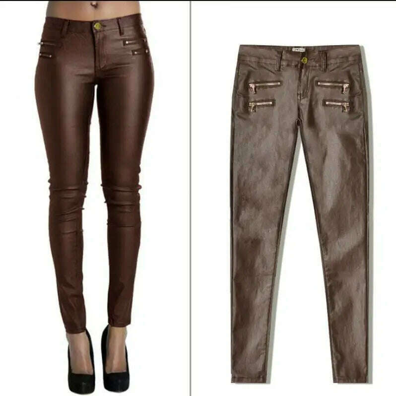 KIMLUD, LOGAMI Faux Leather Pants Women Elastic Zipper Leather Pants Trousers 2018 Leren Broeken, Brown / XS, KIMLUD Womens Clothes