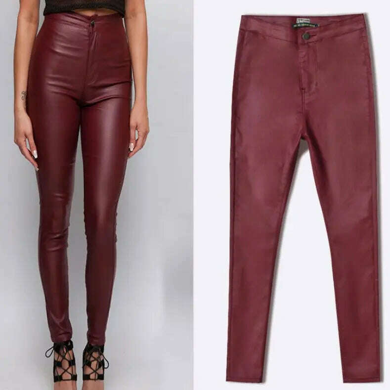 KIMLUD, LOGAMI Faux Leather Pants Women Elastic Zipper Leather Pants Trousers 2018 Leren Broeken, wine red 1 / XS, KIMLUD Womens Clothes