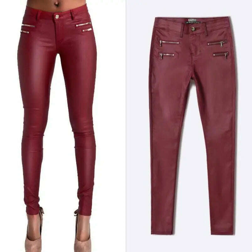 KIMLUD, LOGAMI Faux Leather Pants Women Elastic Zipper Leather Pants Trousers 2018 Leren Broeken, wine red / XS, KIMLUD Womens Clothes