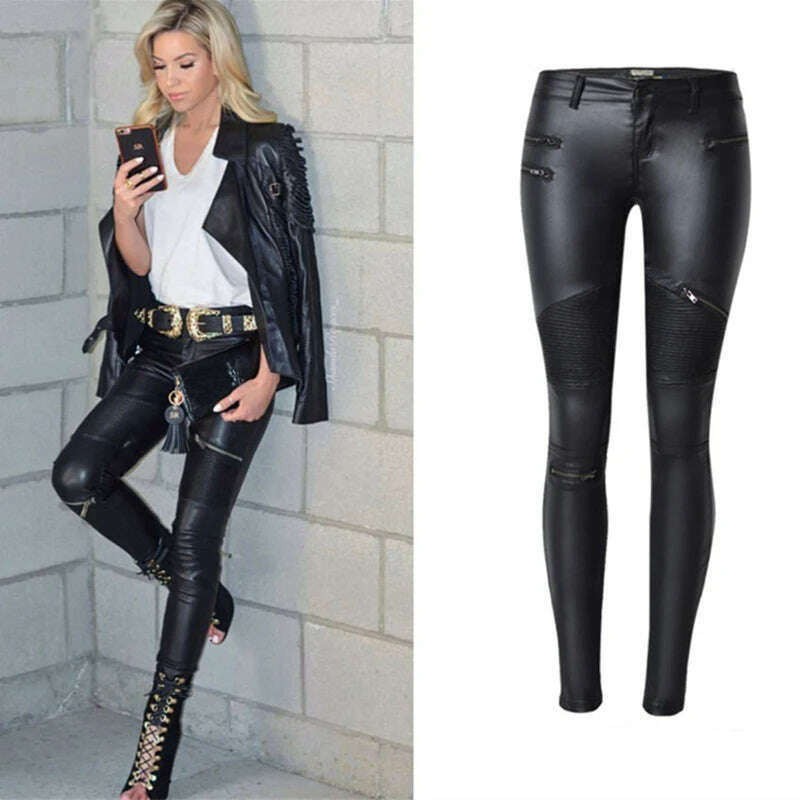 KIMLUD, LOGAMI Faux Leather Pants Women Elastic Zipper Leather Pants Trousers 2018 Leren Broeken, KIMLUD Women's Clothes