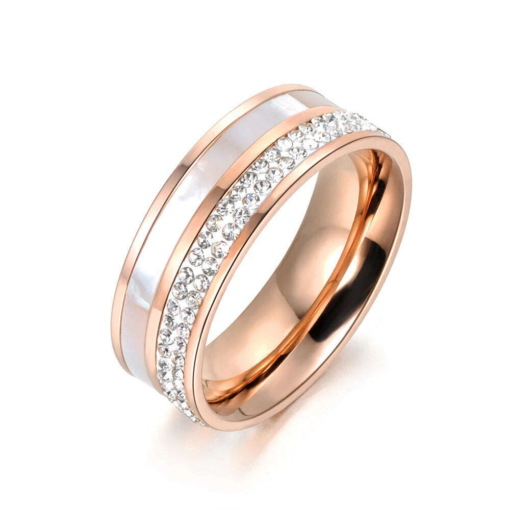 KIMLUD, Lokaer Rose Gold Color White Rhinestone Shell Wedding Rings Jewelry 316L Stainless Steel Engagement Ring For Women Кольцо R18050, KIMLUD Womens Clothes