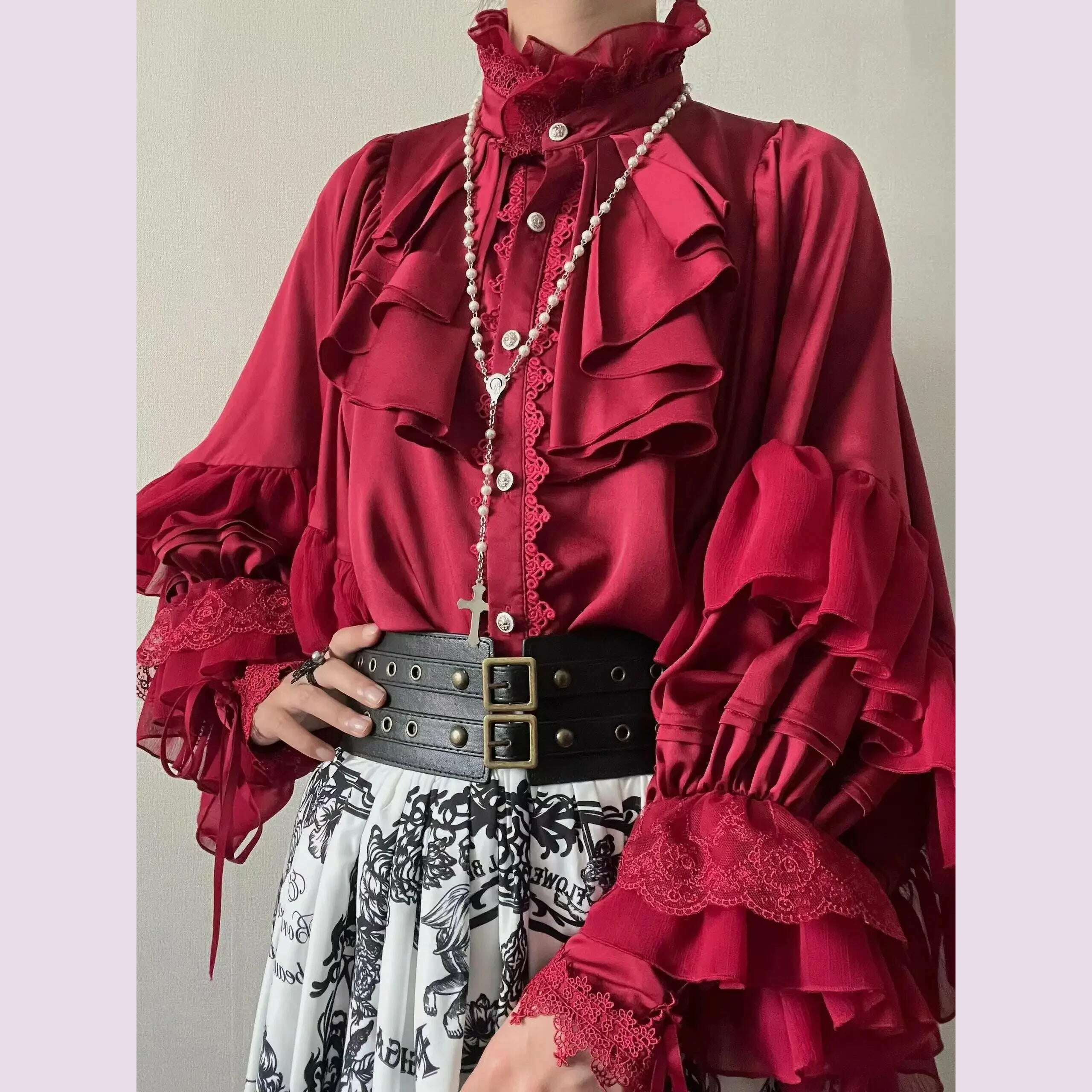 KIMLUD, Lolita Gothic Style Batwing Sleeve Shirt Loose Spring and Autumn Ladies Elegant Red and Black Shirt Solid 2025 New Color Blouses, Red shirt / L, KIMLUD APPAREL - Womens Clothes