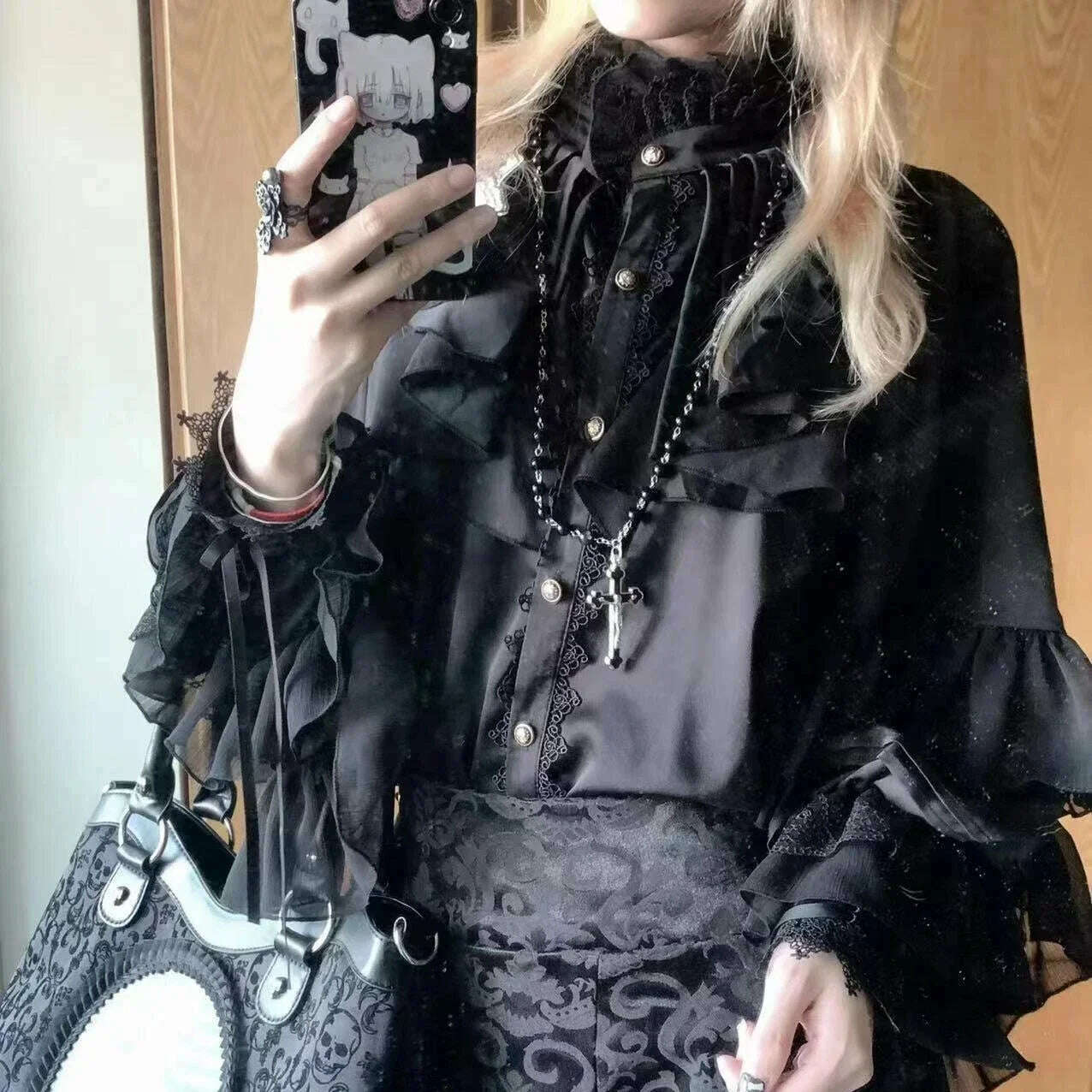 KIMLUD, Lolita Gothic Style Batwing Sleeve Shirt Loose Spring and Autumn Ladies Elegant Red and Black Shirt Solid 2025 New Color Blouses, Black Shirt / M, KIMLUD APPAREL - Womens Clothes