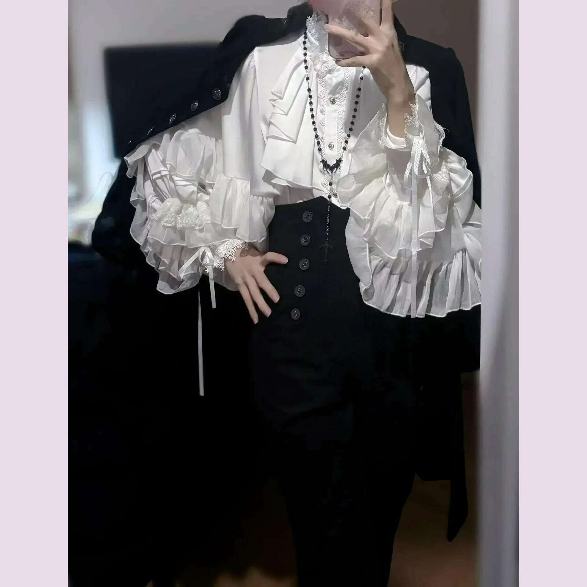 KIMLUD, Lolita Gothic Style Batwing Sleeve Shirt Loose Spring and Autumn Ladies Elegant Red and Black Shirt Solid 2025 New Color Blouses, White shirt / L, KIMLUD APPAREL - Womens Clothes