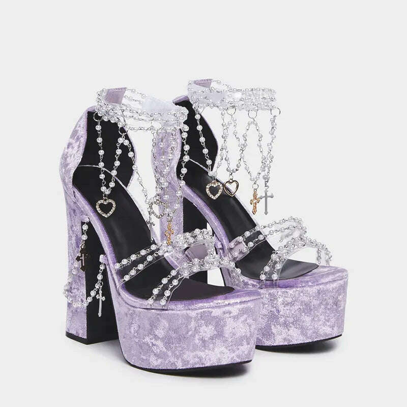 KIMLUD, Lolita Pearls Heart Chains Purple Velvet Platform Sandals Chunky High Heel Beads PVC Straps Wedding Shoes Jewerly Ladies Pumps, purple / 40, KIMLUD Womens Clothes